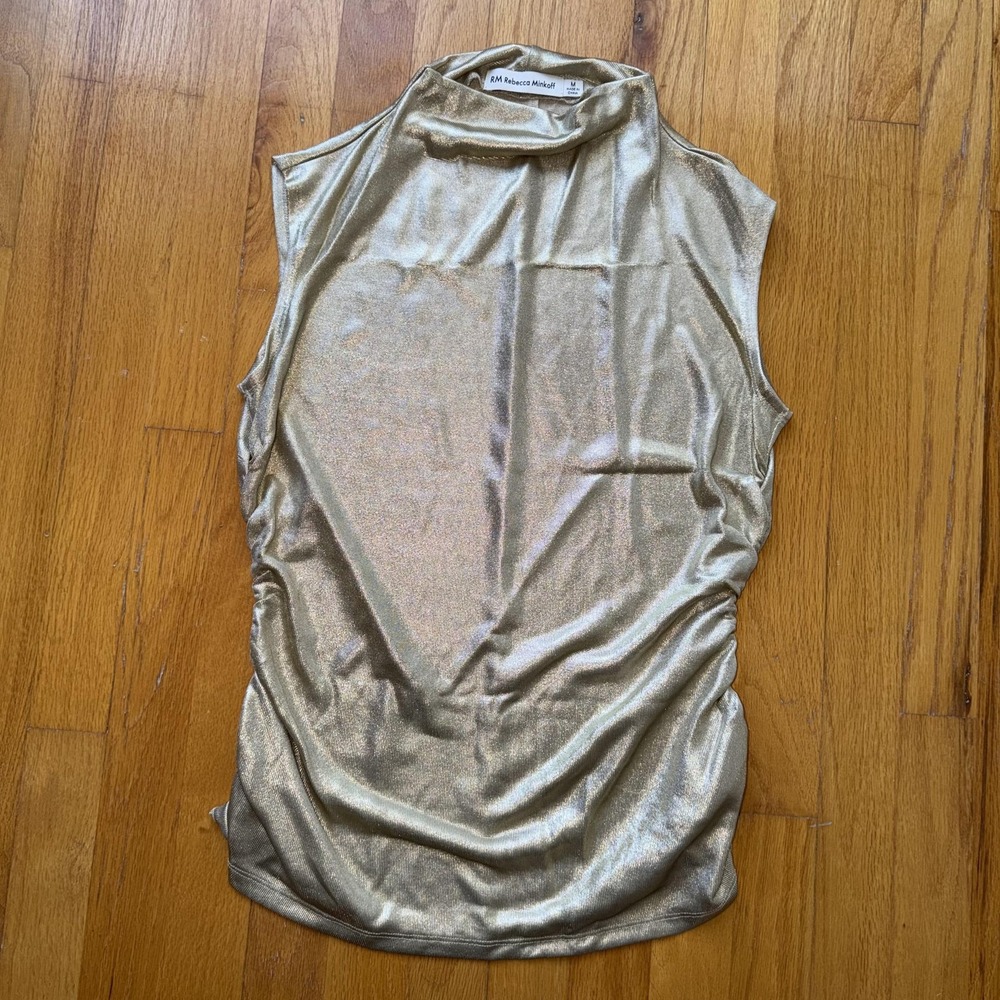 Rebecca‎ Minkoff Shirt M Gold Metallic Holiday Mock Neck Sleeveless Ruched